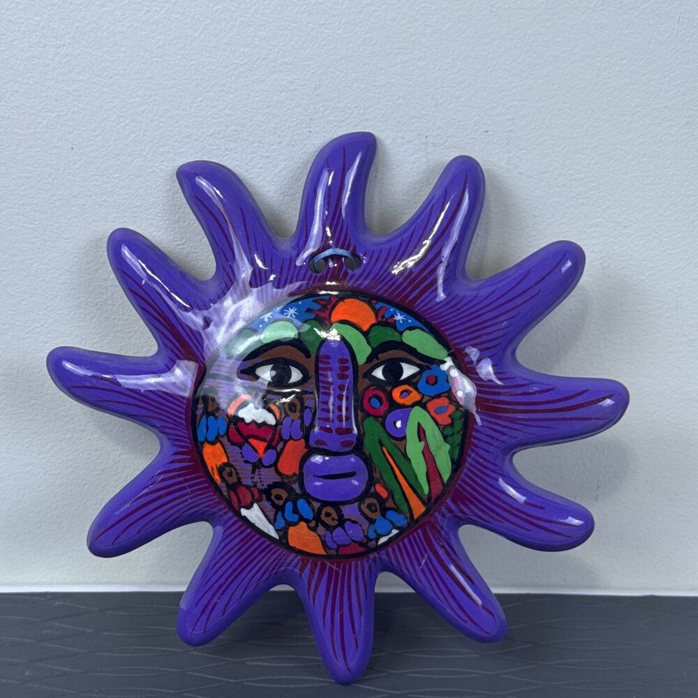 Mexican Talavara Clay Pottery Sun Face Wall Hanging Hand Painted 6” Folk Art